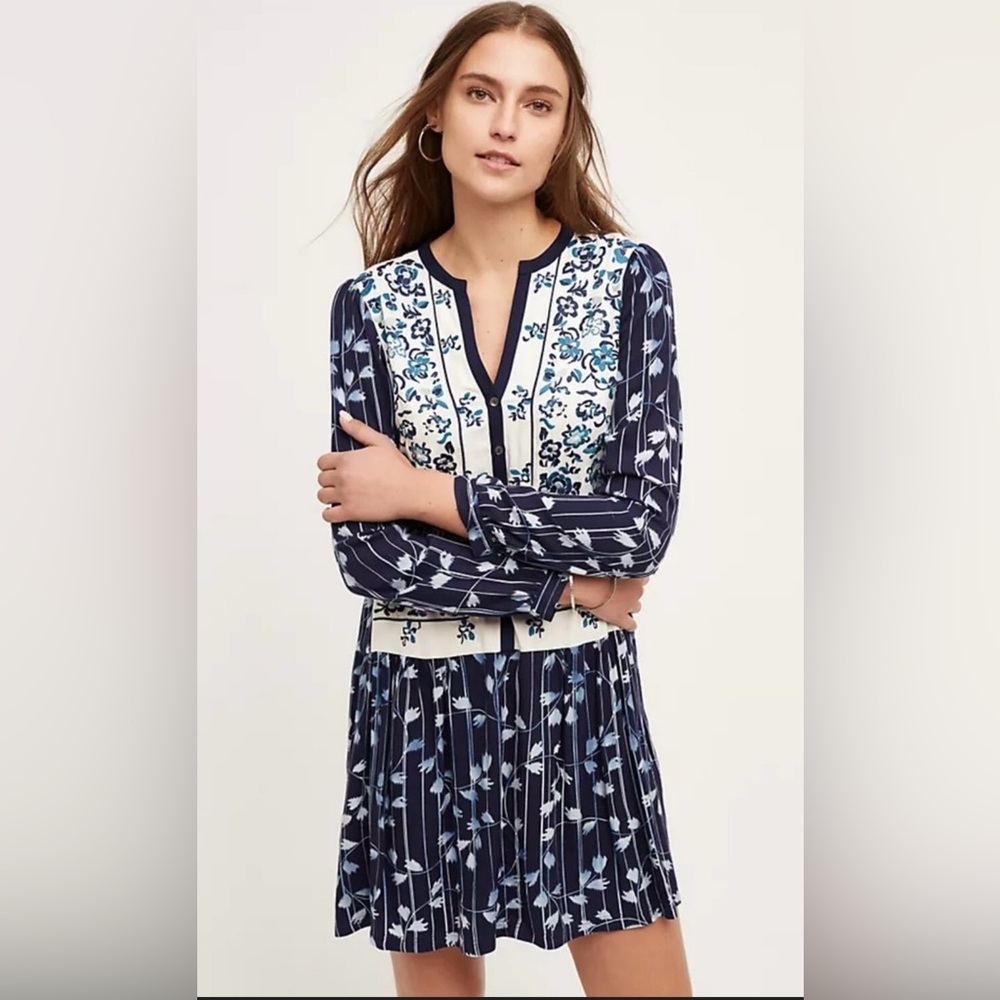 Anthropologie Tiny Semele Embroidered Patchwork‎ Drop Waist Shirtdress Boho